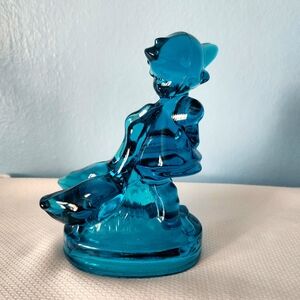 Glass Blue Girl with Geese Statue Figurine LE Smith Goose Cobalt MCM